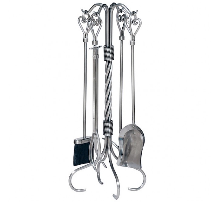 Mr. Bar-B-Q UniFlame® 5 Piece Pewter Finish Wrought Iron Fireset with Heart Handles
