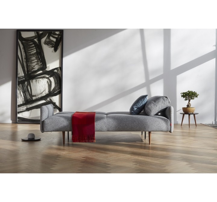 Innovation Living Frode Sofa In Twist Granite Upholstered Arms and Dark Wood Legs- Folded Lifestyle