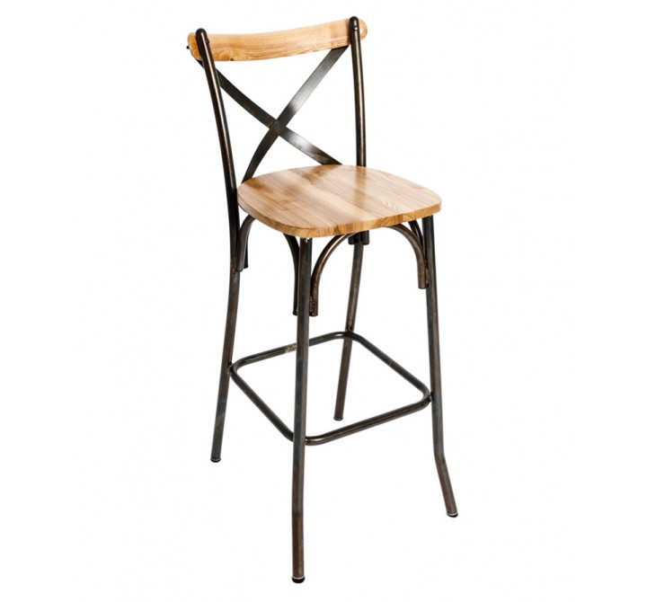 Henry Cross Back Barstool In Autumn/Natural Ash Wood Back And Steel Frame With Distressed Finish