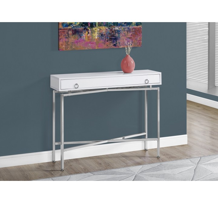 Accent Table - 42"L / Glossy White / Chrome Hall Console