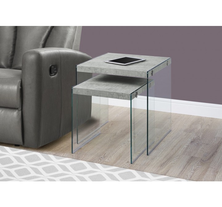 Nesting Table - 2pcs Set / Grey Cement / Tempered Glass