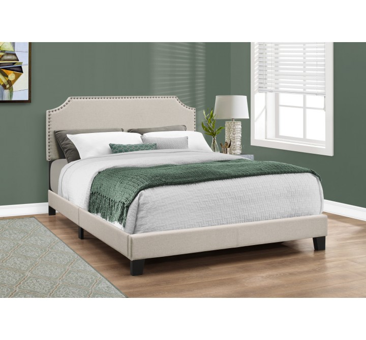 Bed - Queen Size Beige Linen With Chrome Trim