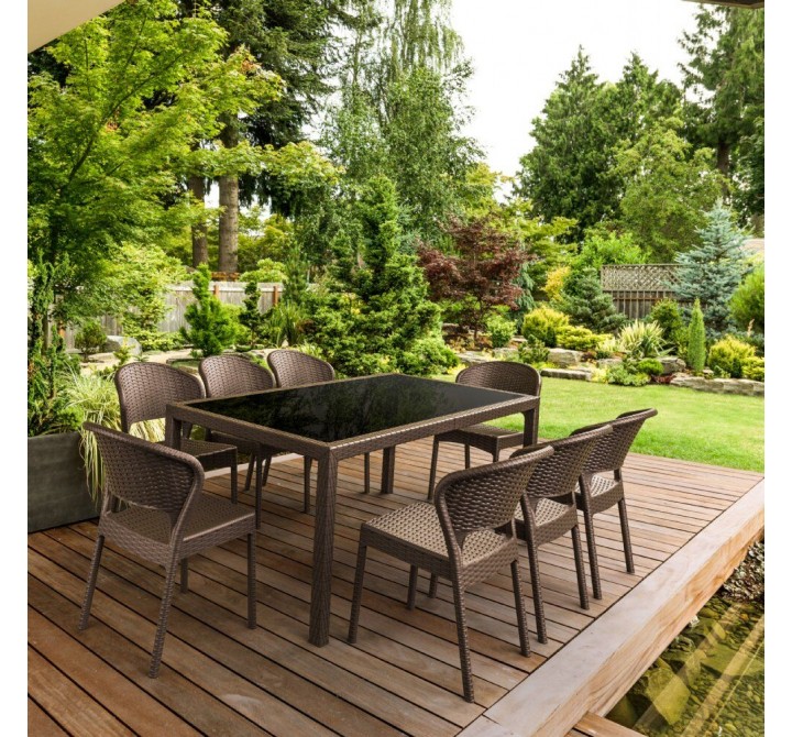 Compamia Daytona Wickerlook 9-Piece Glass Top Rectangle Dining Set - Brown