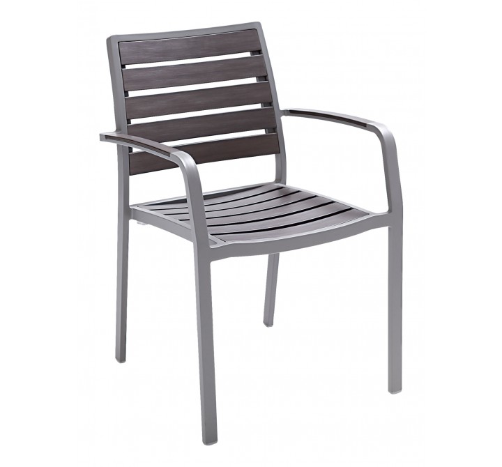 Aluminum Arm Chair W/ Faux Teak Back and Seat - Gray
