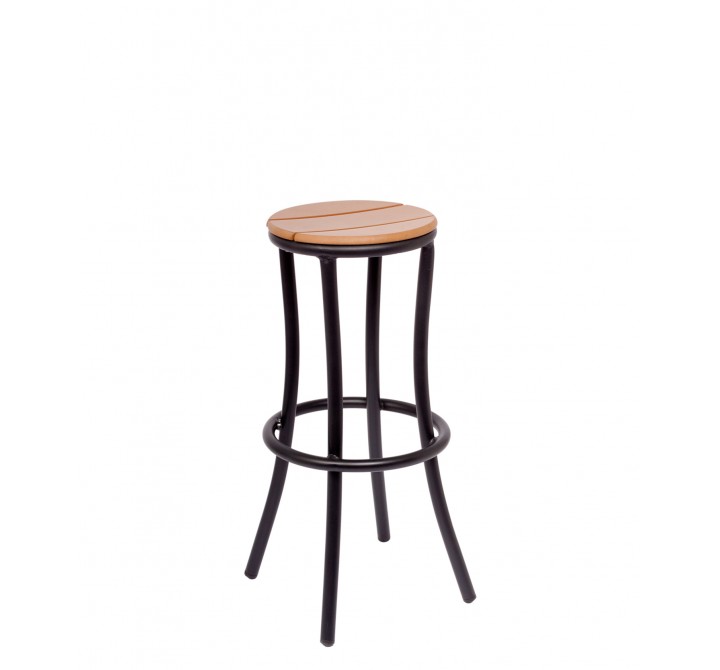 Norden Backless Barstool - Synthetic Teak Slats - Black Powder Coat Aluminum Frame