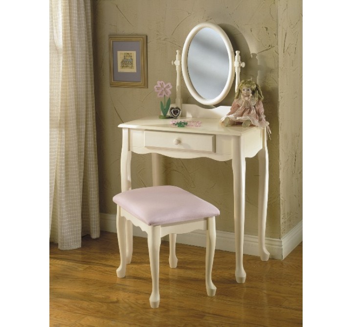 Powell Off-White Vanity with Mirror & Bench Set