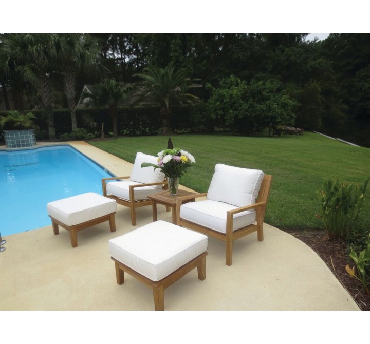 Royal Teak Coastal Wooden Set with Two Club Chairs, Miami Side Table and Two Ottomans