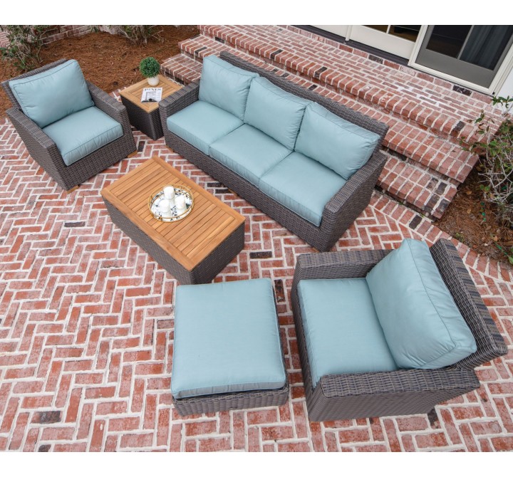 Royal Teak Sanibel Wicker Deep Seating Set with Club Chair, Sofa, Ottoman, Coffee Table and Side Table