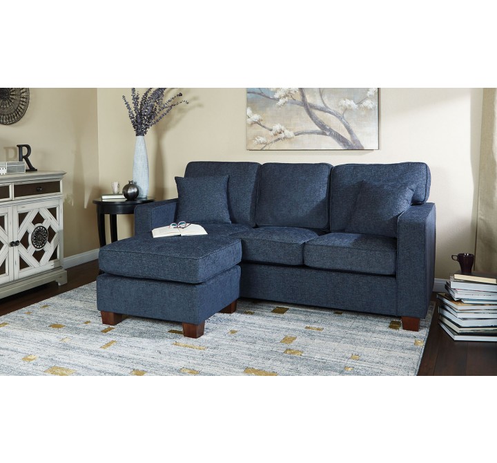 Russell Sectional in Navy fabric with 2 Pillows and Coffee Finished Legs