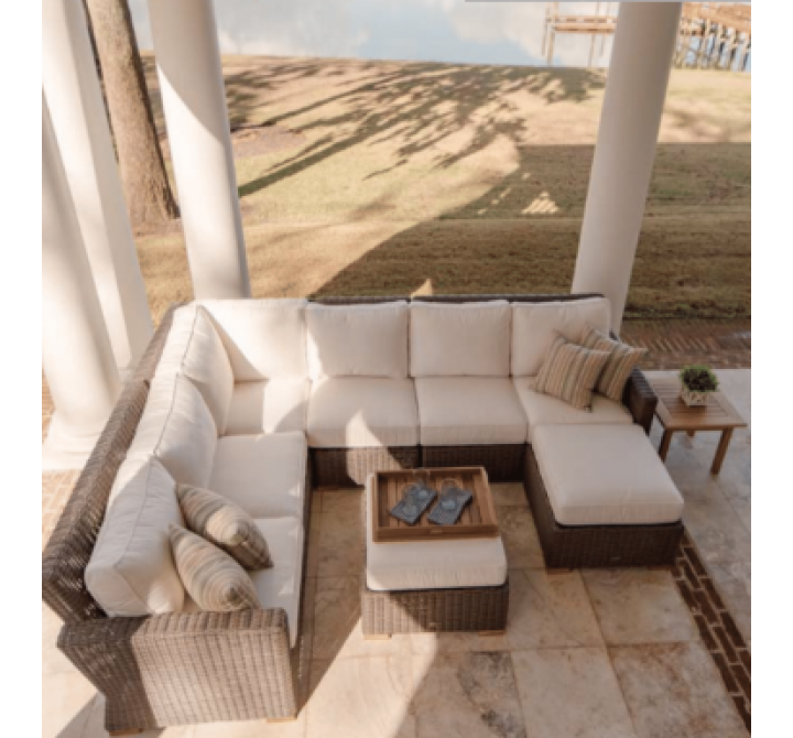 Royal Teak Sanibel Wicker Deep Seating Set with One Two-Seater Arm Left, One Two-Seater Arm Right, One Insert, One Corner, And Two Ottoman