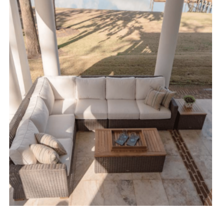 Royal Teak Sanibel Wicker Deep Seating Set with One Two-Seater Arm Left, One Two-Seater Arm Right, One Insert, One Corner, one Ottoman and One Coffee Table