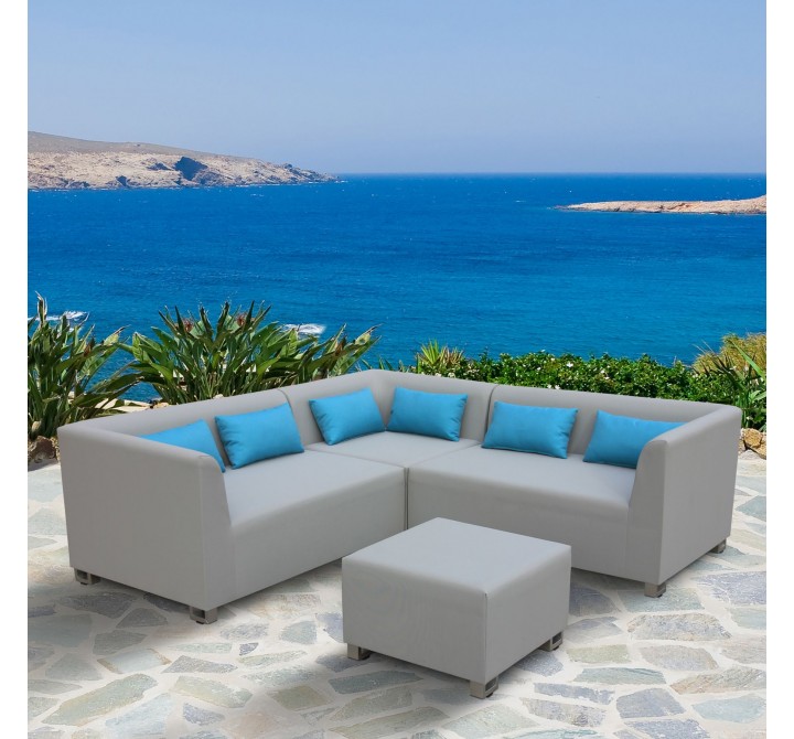 Lagoon 4 piece Outdoor Textilene Sectional Set in Taupe with Sky Blue Accent Pillows