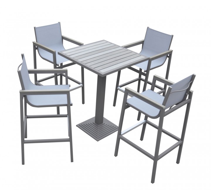 Marina Outdoor Patio Set Grey Finish and Grey Wood Top (Table with 4 barstools) - White BG