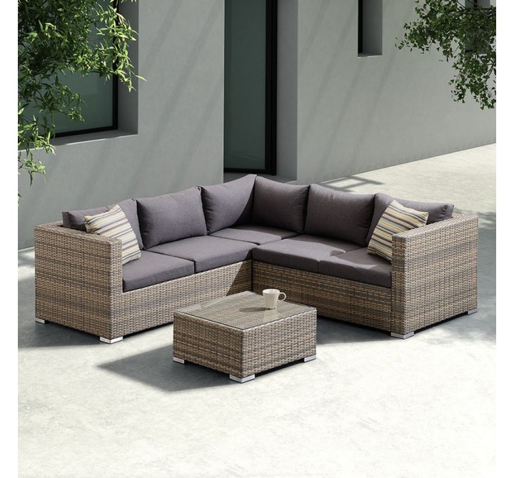 Nina 3 piece Outdoor Rattan Sectional Set with Dark Brown Cushions and Modern Accent Pillows