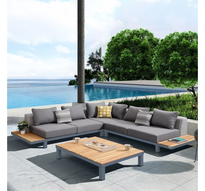 Polo 4 piece Outdoor Sectional Set with Dark Gray Cushions and Modern Accent Pillows