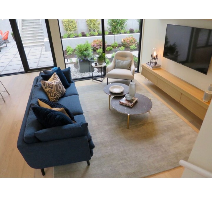 Deklan 3 Seater Sofa Blue Fabric with Black Wooden Legs - Lifestyle