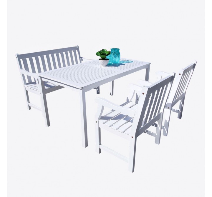 Bradley Outdoor 4-piece Wood Patio Dining Set with 4-foot Bench in White - White BG