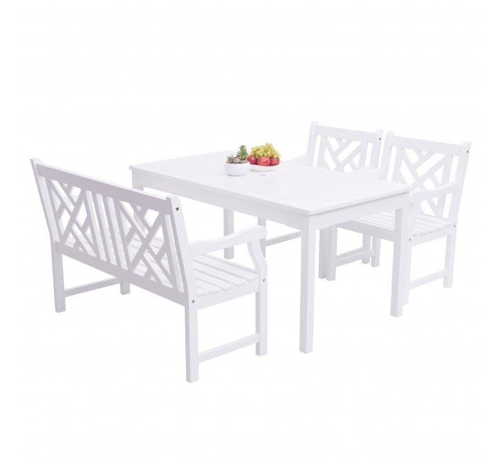 Bradley Outdoor 4-piece Wood Patio Dining Set with 4-foot Bench in White - White BG - Angled