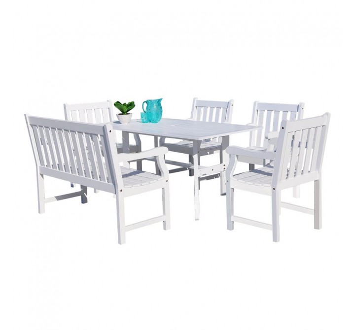 Bradley Outdoor 6-piece Wood Patio Dining Set with 4-foot Bench in White - White BG