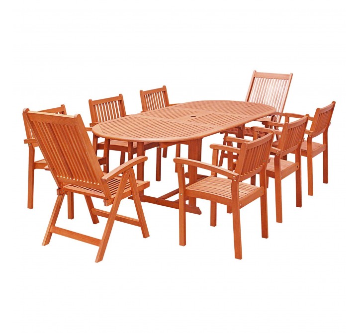 Malibu Outdoor 9-piece Wood Patio Dining Set with Extension Table With Stacking Chairs and Reclining Chairs - White BG
