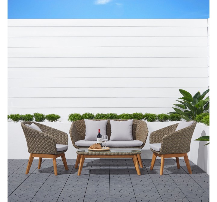 Grayton 4-piece Rustic All-Weather Patio Wood and Wicker Conversation Set in Mocha - Lifestyle