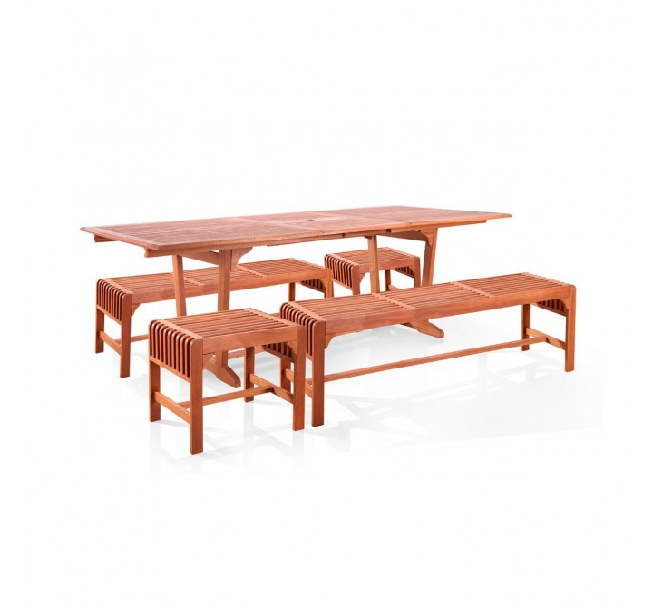 Malibu Outdoor 5-piece Wood Patio Dining Set with Extension Table With Backless Benches & Chairs - White BG