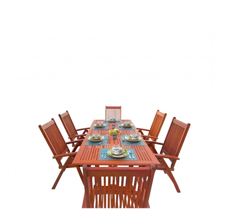  Malibu Outdoor 7-piece Wood Patio Dining Set with Extension Table & Reclining Chairs - White BG