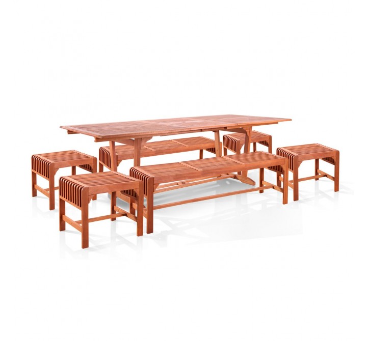 Malibu Outdoor 7-piece Wood Patio Dining Set with Extension Table With Backless Benches & Chairs - White BG