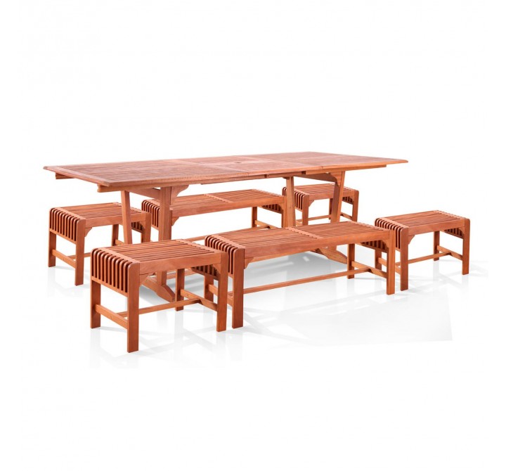 Vifah Malibu Outdoor 7-piece Wood Patio Dining Set with Extension Table - Backless benches & Chairs - White BG