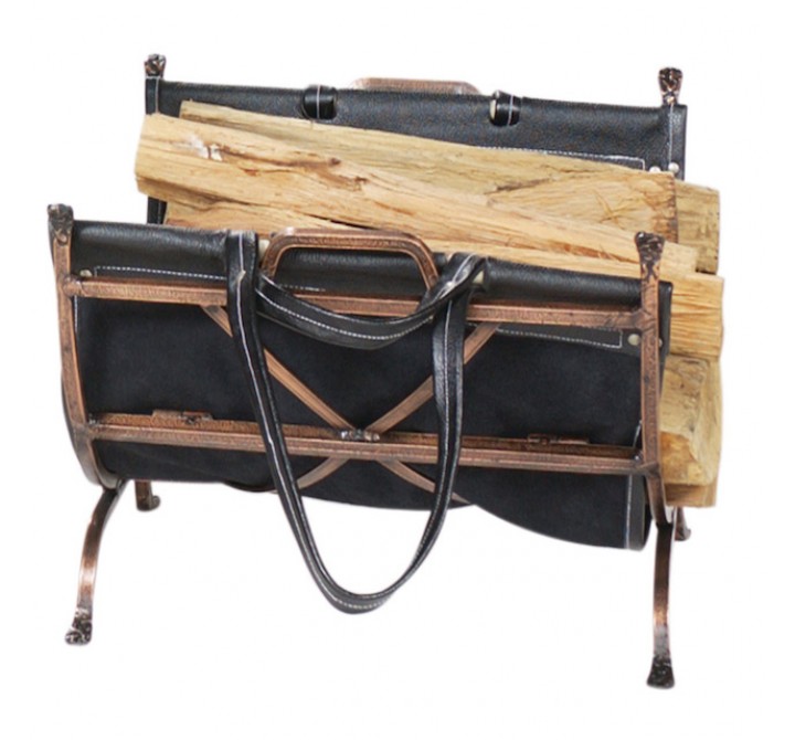 Mr. Bar-B-Q UniFlame® Antique Copper Finish Wrought Iron Log Holder with Black Leather Carrier