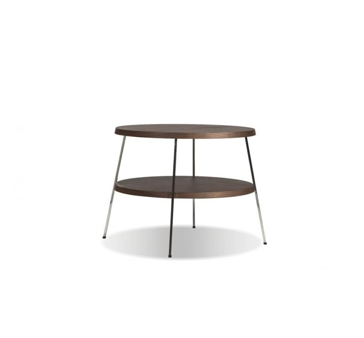 Double Decker 24" Diameter End Table American Walnut Veneer Tops with Polished Stainless Steel Frame