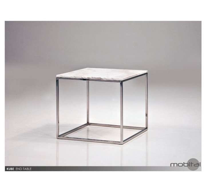 Kube End Table White Volakas Marble with Polished Stainless Stee