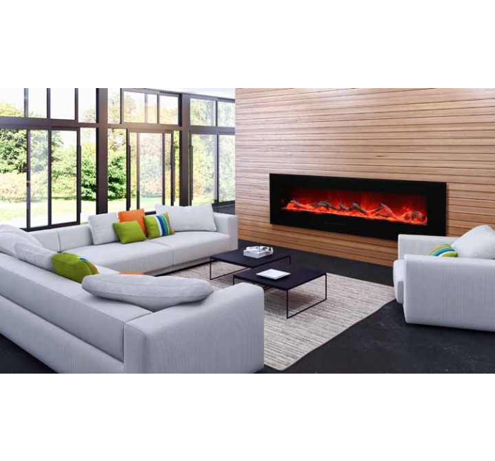 Amantii 72" Flush Mount Fireplace with Black Glass Surround And Log Set - Lifestyle