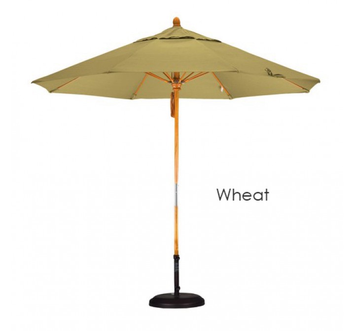 California Umbrella 9' Fiberglass Market Umbrella Pulley Open Marenti Wood - Sunbrella