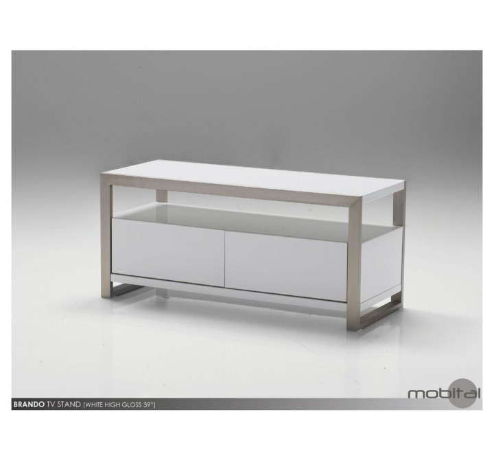 Brando 39x16x18 TV Stand High Gloss White with Polished Stainless Steel