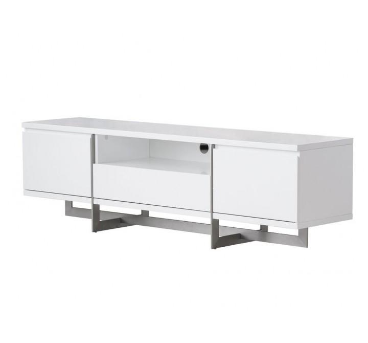 Remi 71x21x17 TV Stand Matte White with Brushed Stainless Steel - Drawers Opened