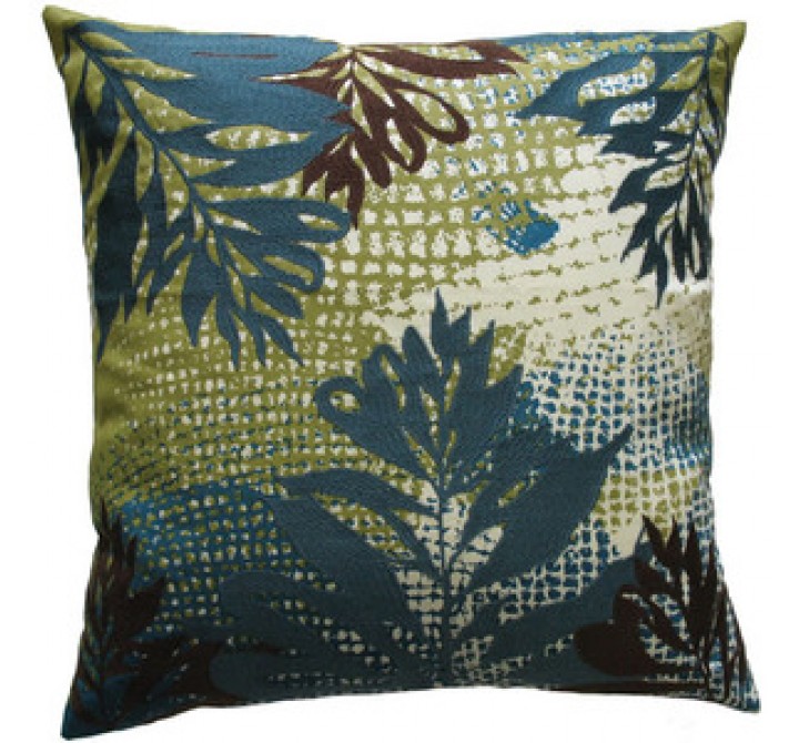 Koko Company Ecco 18" x 18" Embroidered Pillow - Blue / Brown Leaf