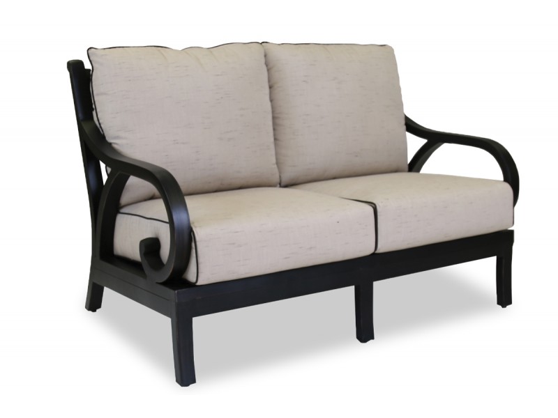 Monterey Wicker Loveseat With Cushions In Frequency Sand With Canvas Walnut Welt
