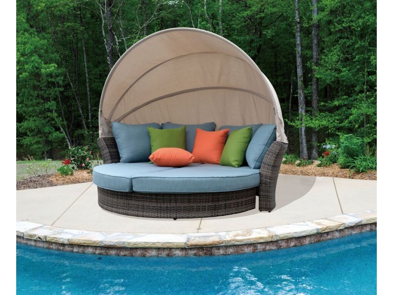 Taupe Eclipse Outdoor Expandable Oval Daybed With Canopy - Lifestyle - Mainsail Blue