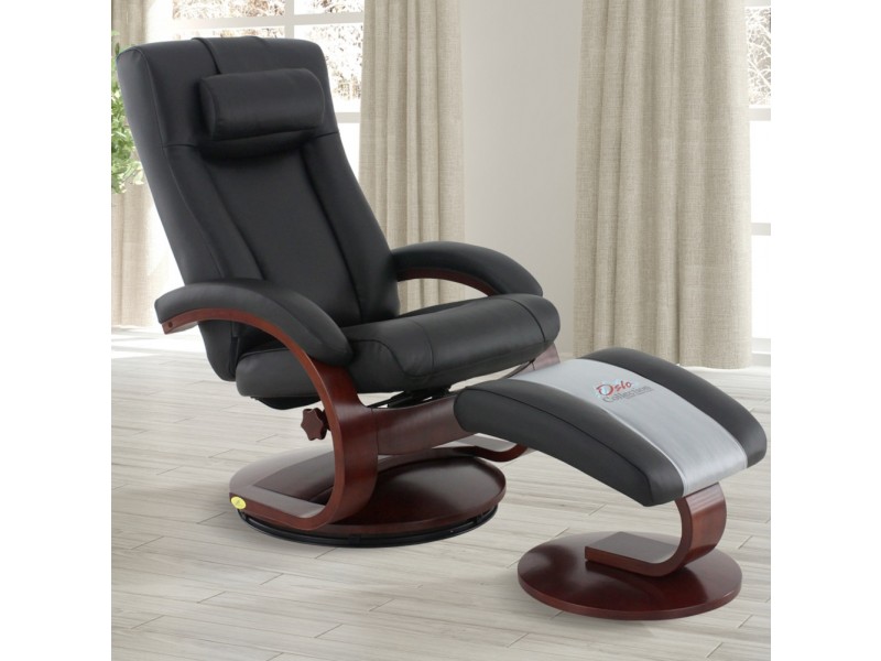Hamar Recliner and Ottoman with Cervical Pillow in Black Top Grain Leather 