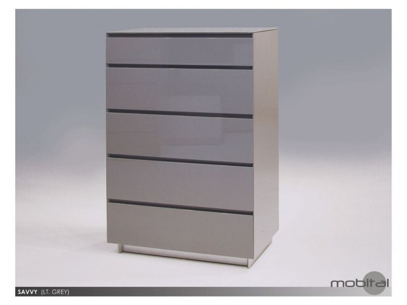 Savvy 5-Drawer Chest High Gloss Light Grey with Glass Top