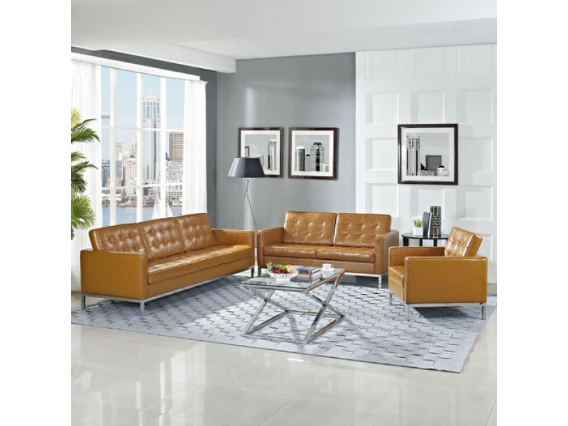 Modway Loft Armchair Loveseat and Sofa Set 3 Piece Set in Tan