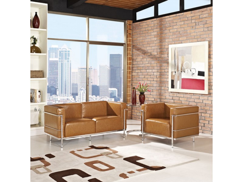 Modway Charles Grande Leather Loveseat and Armchair Set Of 2 in Tan