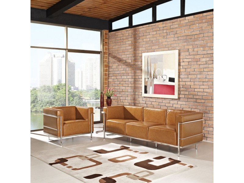 Modway Charles Grande Leather Sofa and Armchair Set Of 2 in Tan