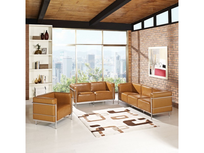 Modway Charles Grande Leather Sofa Loveseat and Armchair Set Of 3 in Tan
