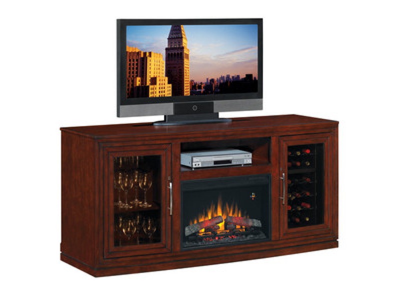 Fireside America Classic Flame 26 Inches Baxter Triple Function Media Console with Electric Fireplace and Wine Cooler - Empire Cherry