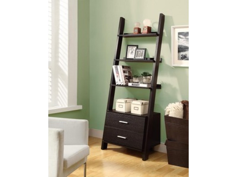 Monarch Specialties Cappuccino 69"H Ladder Bookcase With 2 Storage Drawers