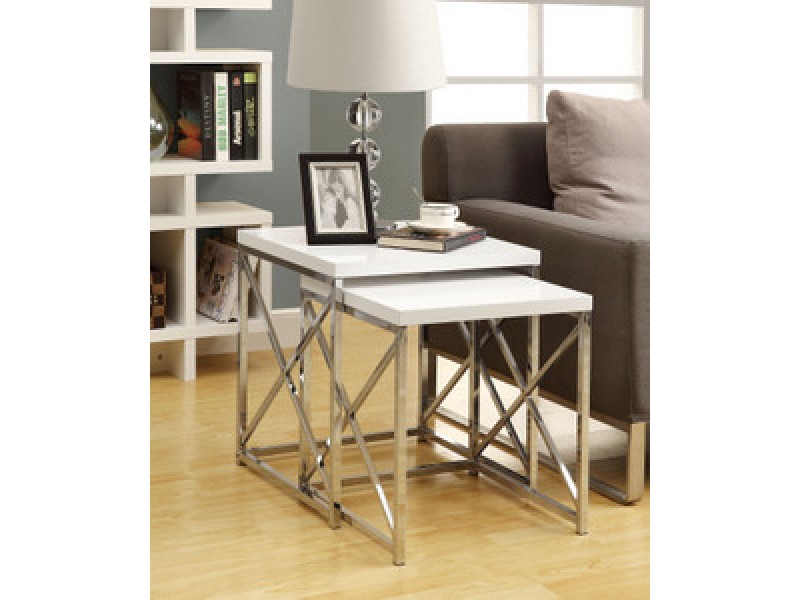 Monarch Specialties Glossy White / Chrome Metal 2pcs Nesting Table Set