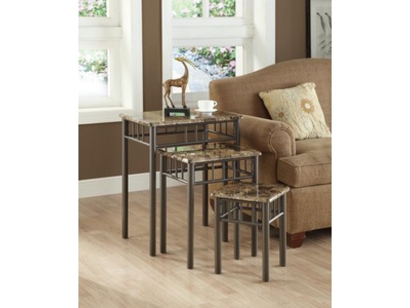 Monarch Specialties Capuccino Marble / Bronze Metal 3pcs Nesting Table Set
