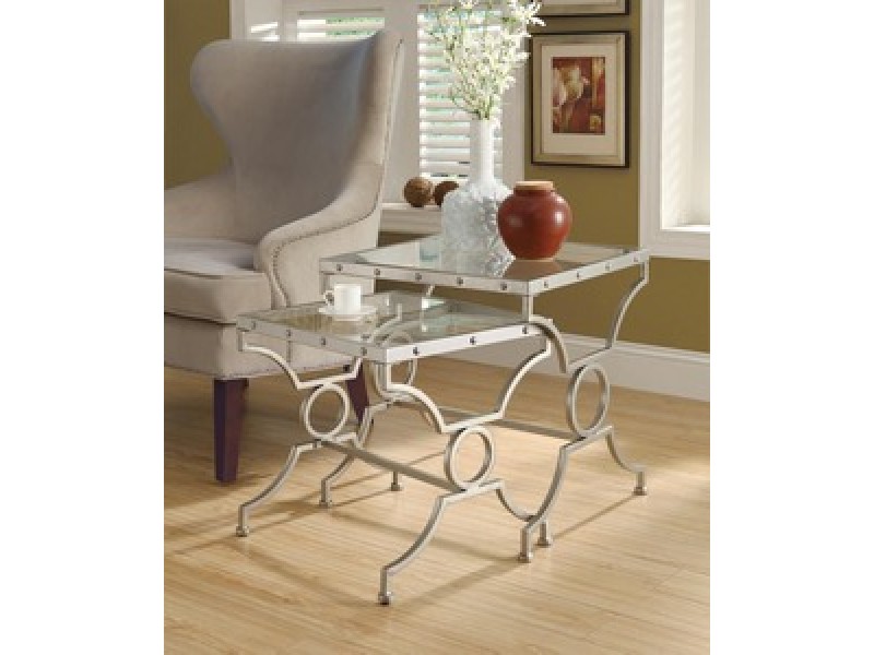 Monarch Specialties Satin Silver 2pcs Nesting Table Set With Tempered
